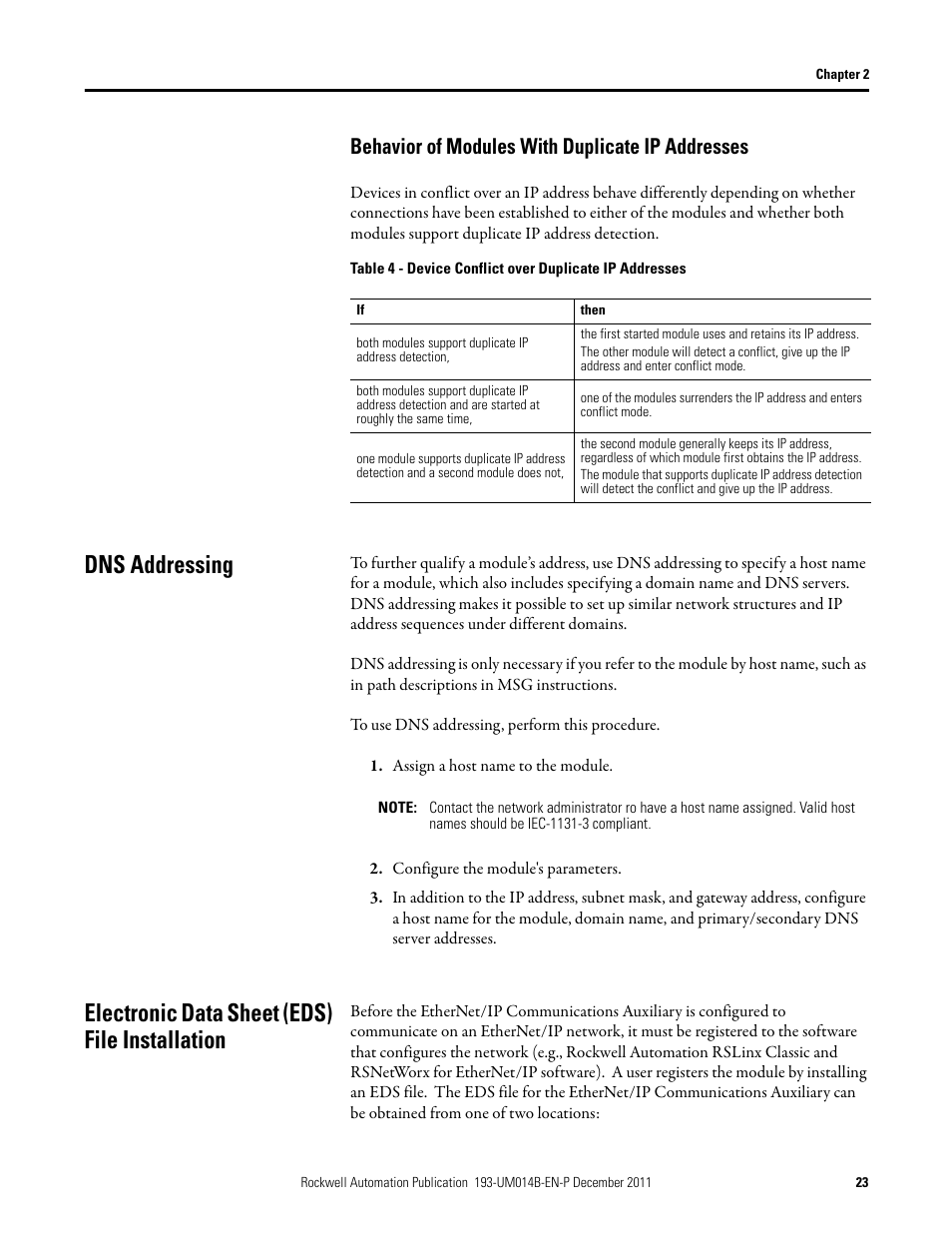 Behavior of modules with duplicate ip addresses, Dns addressing, Electronic data sheet (eds) file installation | Rockwell Automation 193-DNENCATR EtherNet/IP Communications Auxiliary User Manual User Manual | Page 23 / 104