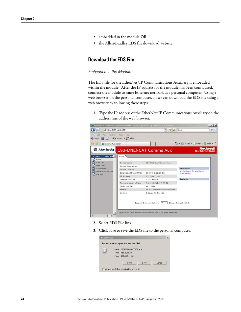 Download the eds file, Embedded in the module | Rockwell Automation 193-DNENCATR EtherNet/IP Communications Auxiliary User Manual User Manual | Page 24 / 104