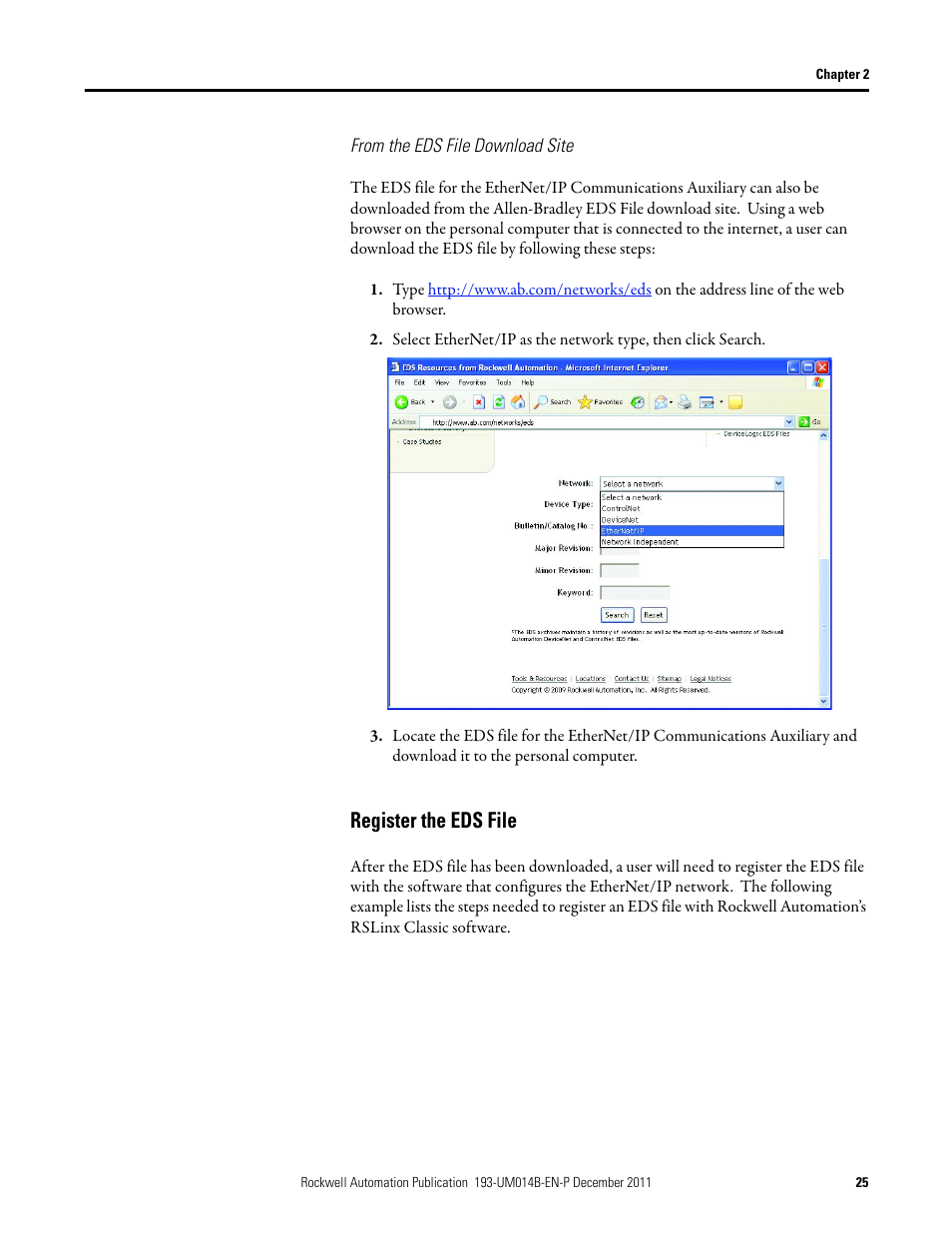 From the eds file download site, Register the eds file | Rockwell Automation 193-DNENCATR EtherNet/IP Communications Auxiliary User Manual User Manual | Page 25 / 104