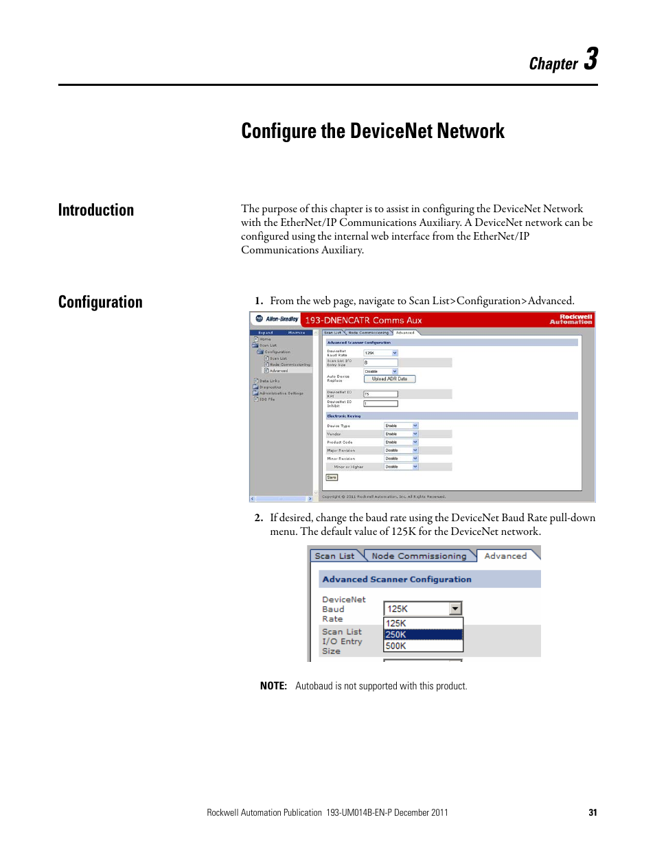 Configure the devicenet network, Introduction, Configuration | Chapter 3, Introduction configuration | Rockwell Automation 193-DNENCATR EtherNet/IP Communications Auxiliary User Manual User Manual | Page 31 / 104