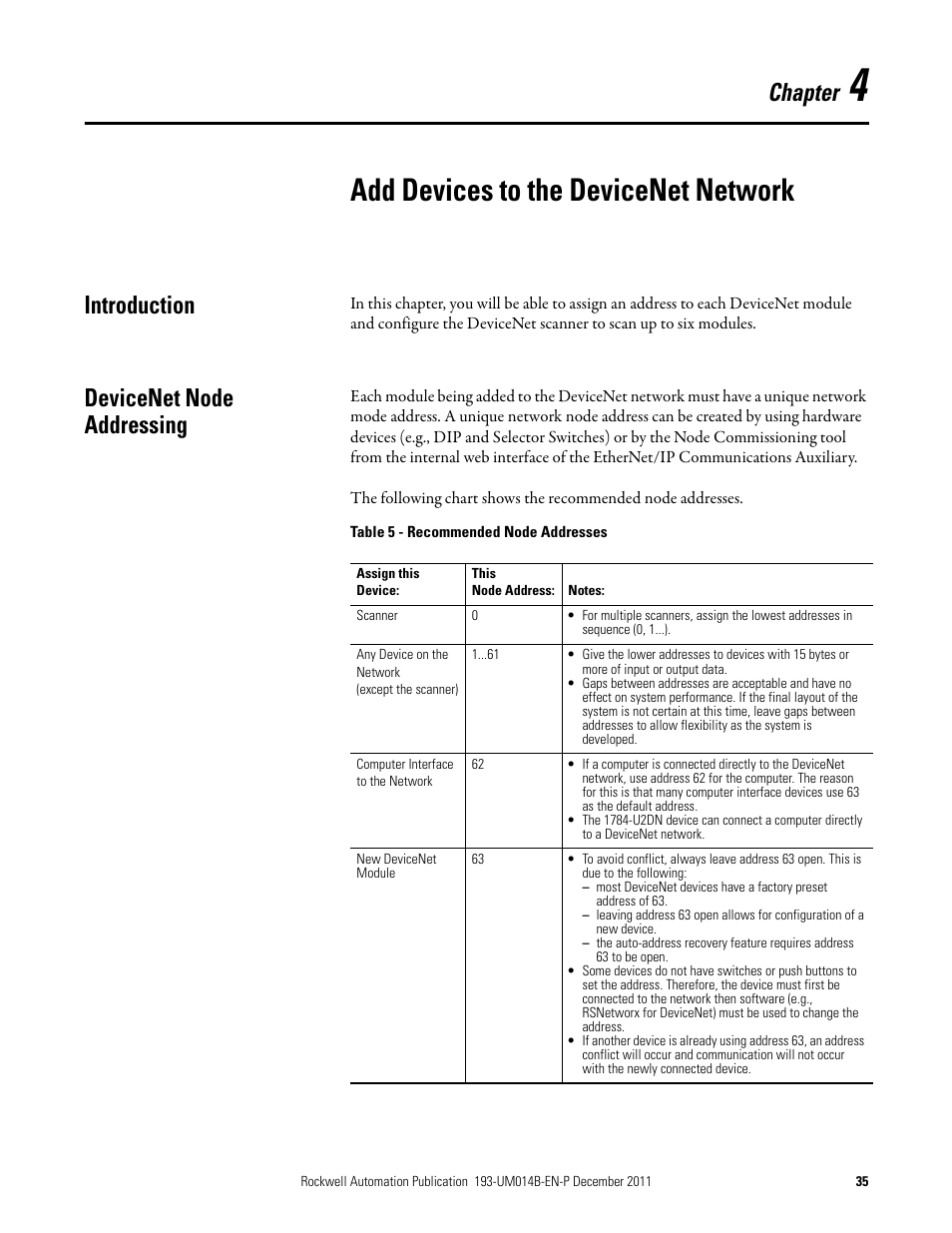 Add devices to the devicenet network, Introduction, Devicenet node addressing | Chapter 4, Introduction devicenet node addressing, Chapter | Rockwell Automation 193-DNENCATR EtherNet/IP Communications Auxiliary User Manual User Manual | Page 35 / 104