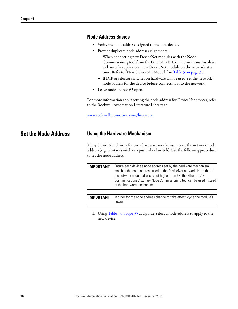 Node address basics, Set the node address, Using the hardware mechanism | Rockwell Automation 193-DNENCATR EtherNet/IP Communications Auxiliary User Manual User Manual | Page 36 / 104