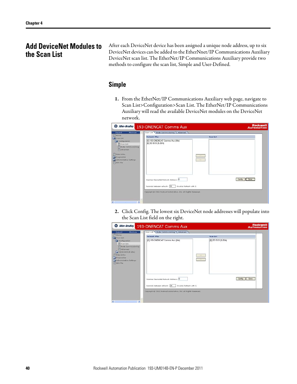 Add devicenet modules to the scan list, Simple | Rockwell Automation 193-DNENCATR EtherNet/IP Communications Auxiliary User Manual User Manual | Page 40 / 104