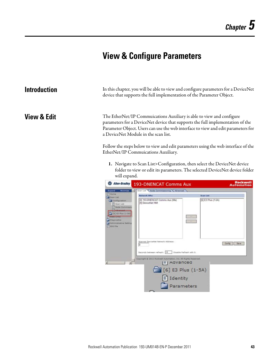 View & configure parameters, Introduction, View & edit | Chapter 5, Introduction view & edit | Rockwell Automation 193-DNENCATR EtherNet/IP Communications Auxiliary User Manual User Manual | Page 43 / 104