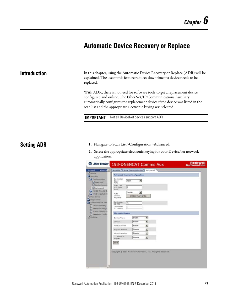 Automatic device recovery or replace, Introduction, Setting adr | Chapter 6, Introduction setting adr, Automatic device, Recovery or replace | Rockwell Automation 193-DNENCATR EtherNet/IP Communications Auxiliary User Manual User Manual | Page 47 / 104