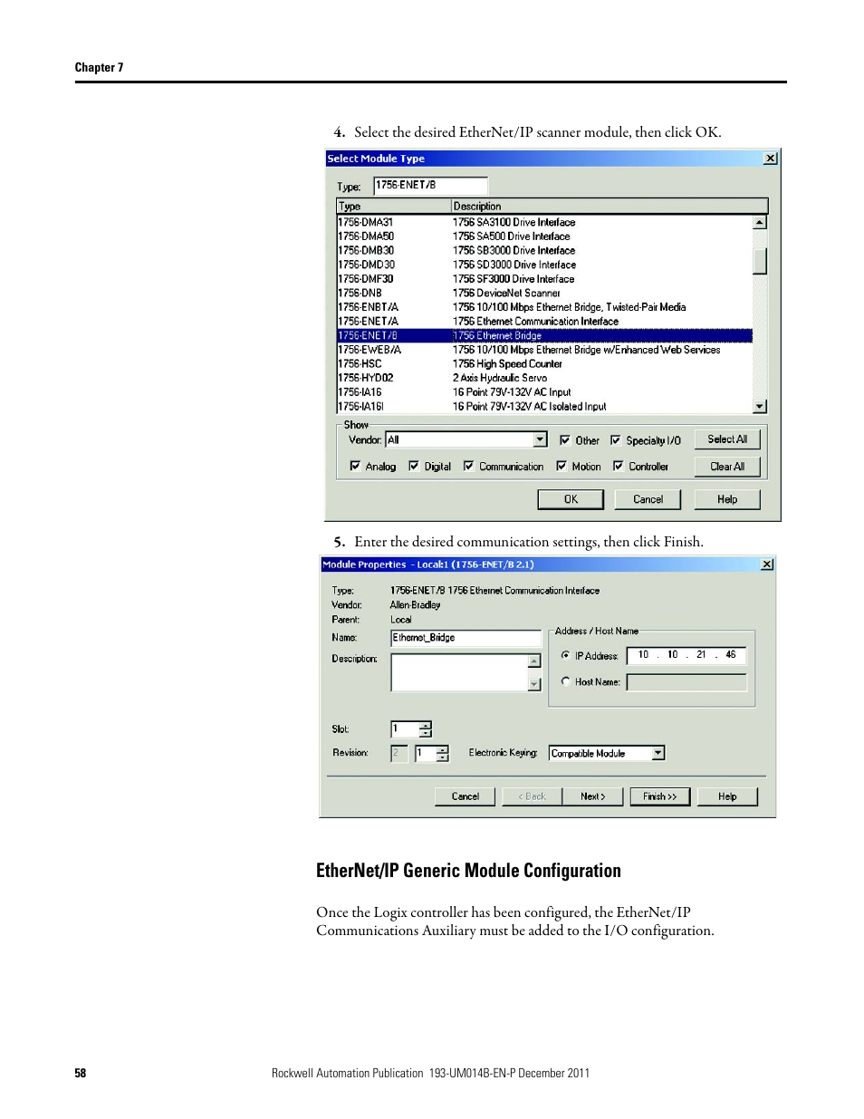 Ethernet/ip generic module configuration | Rockwell Automation 193-DNENCATR EtherNet/IP Communications Auxiliary User Manual User Manual | Page 58 / 104