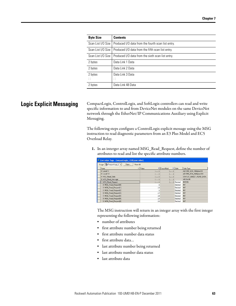 Logic explicit messaging | Rockwell Automation 193-DNENCATR EtherNet/IP Communications Auxiliary User Manual User Manual | Page 63 / 104