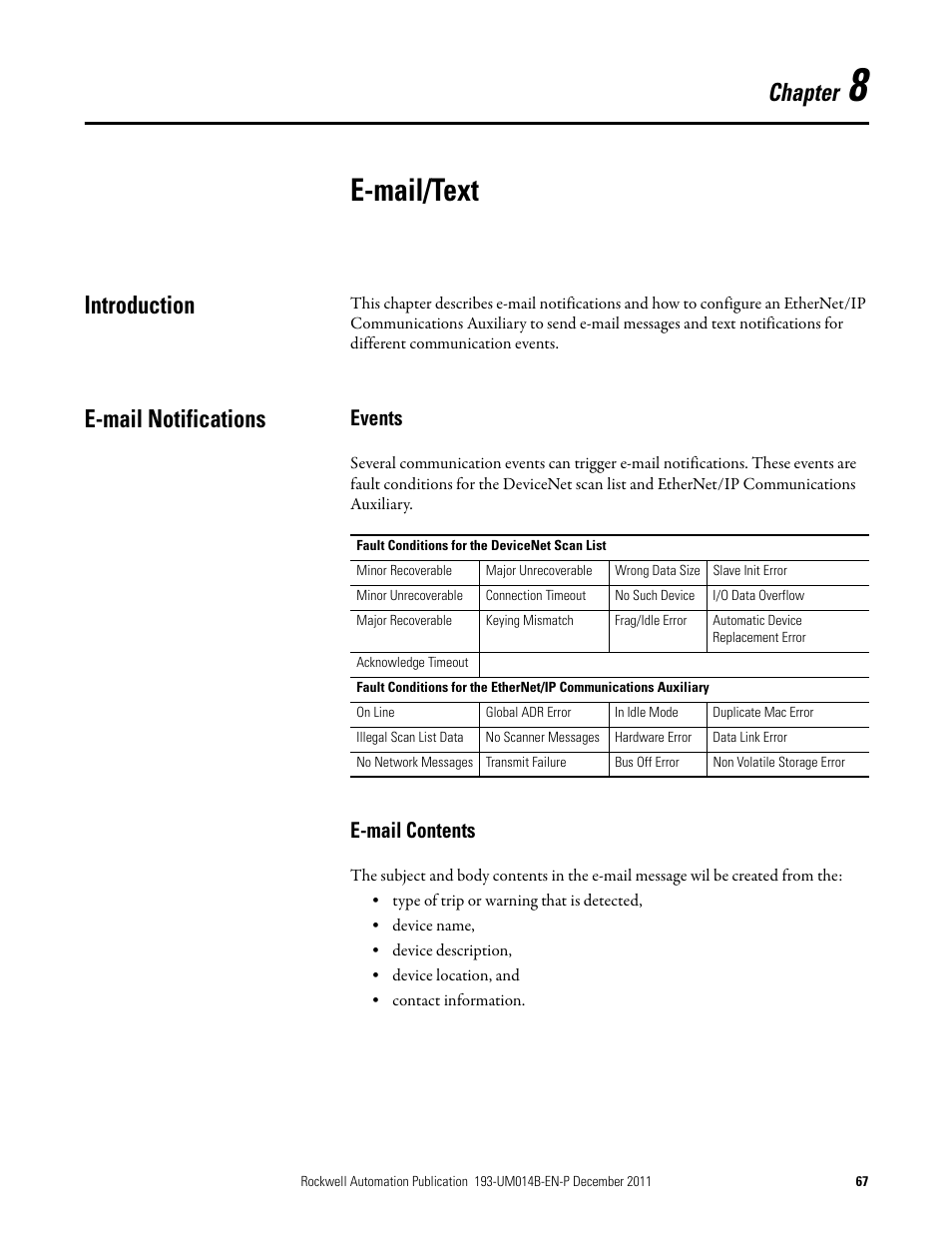 E-mail/text, Introduction, E-mail notifications | Events, E-mail contents, Chapter 8, Introduction e-mail notifications, Events e-mail contents, Chapter | Rockwell Automation 193-DNENCATR EtherNet/IP Communications Auxiliary User Manual User Manual | Page 67 / 104