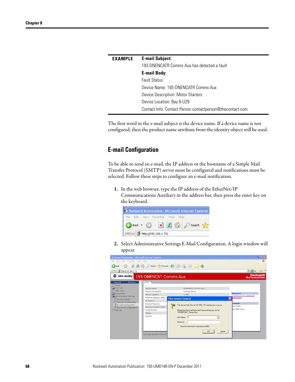 E-mail configuration | Rockwell Automation 193-DNENCATR EtherNet/IP Communications Auxiliary User Manual User Manual | Page 68 / 104