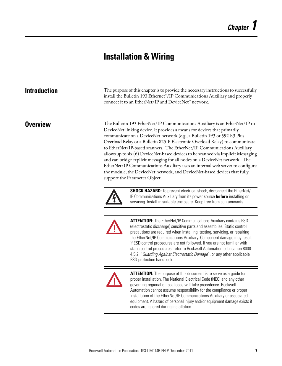 Installation & wiring, Introduction, Overview | Chapter 1, Introduction overview, Chapter | Rockwell Automation 193-DNENCATR EtherNet/IP Communications Auxiliary User Manual User Manual | Page 7 / 104
