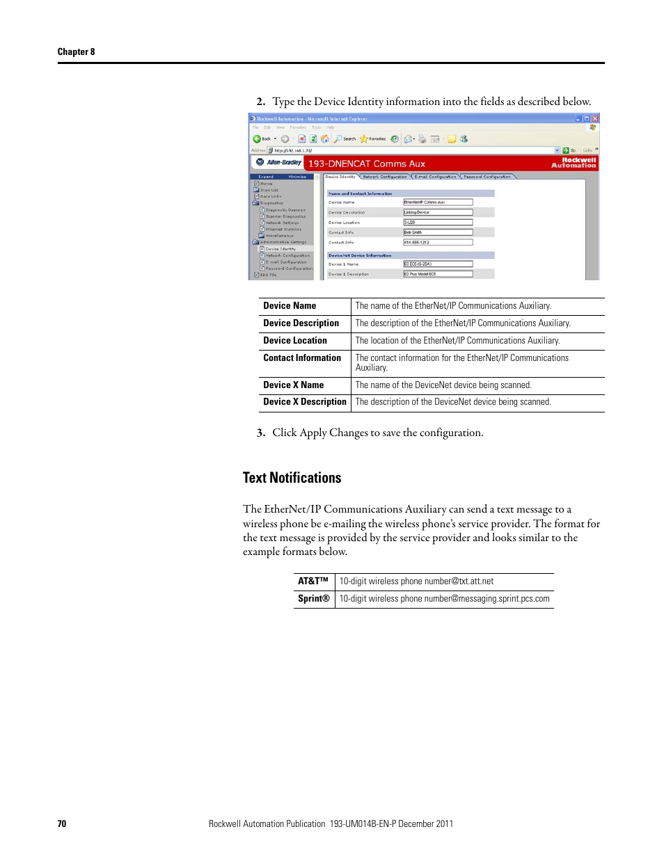 Text notifications | Rockwell Automation 193-DNENCATR EtherNet/IP Communications Auxiliary User Manual User Manual | Page 70 / 104