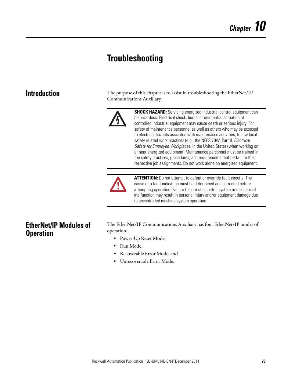 Troubleshooting, Introduction, Ethernet/ip modules of operation | Chapter 10, Introduction ethernet/ip modules of operation, Chapter | Rockwell Automation 193-DNENCATR EtherNet/IP Communications Auxiliary User Manual User Manual | Page 79 / 104