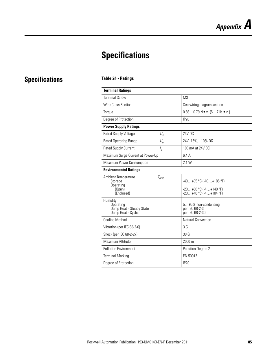 A- specifications, Specifications, Appendix a | Appendix | Rockwell Automation 193-DNENCATR EtherNet/IP Communications Auxiliary User Manual User Manual | Page 85 / 104