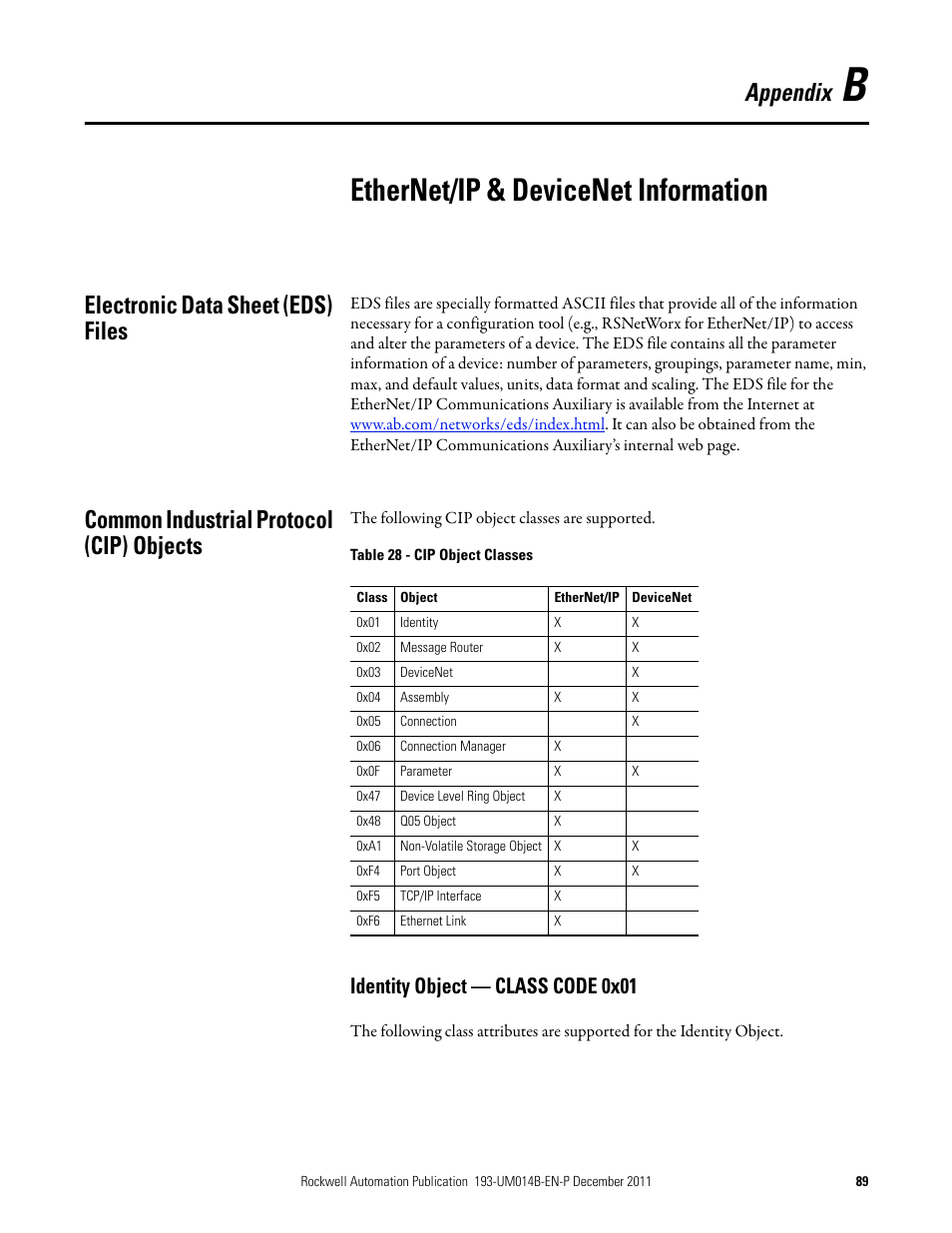 B- ethernet/ip & devicenet information, Electronic data sheet (eds) files, Common industrial protocol (cip) objects | Identity object — class code 0x01, Appendix b, Ethernet/ip & devicenet information, Appendix | Rockwell Automation 193-DNENCATR EtherNet/IP Communications Auxiliary User Manual User Manual | Page 89 / 104