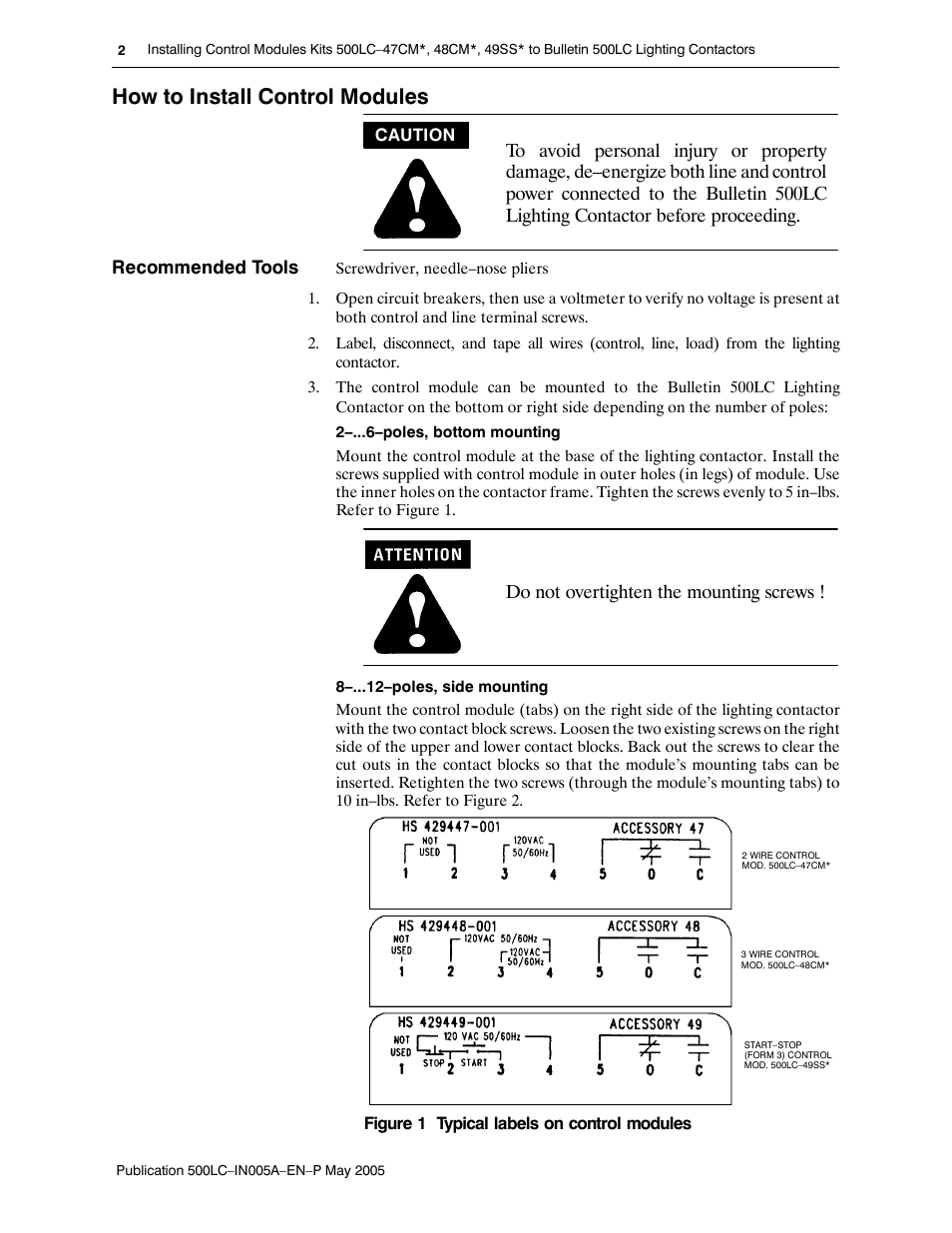 How to install control modules, Recommended tools, Do not overtighten the mounting screws | Rockwell Automation 500LC Control Module Kits User Manual | Page 2 / 4