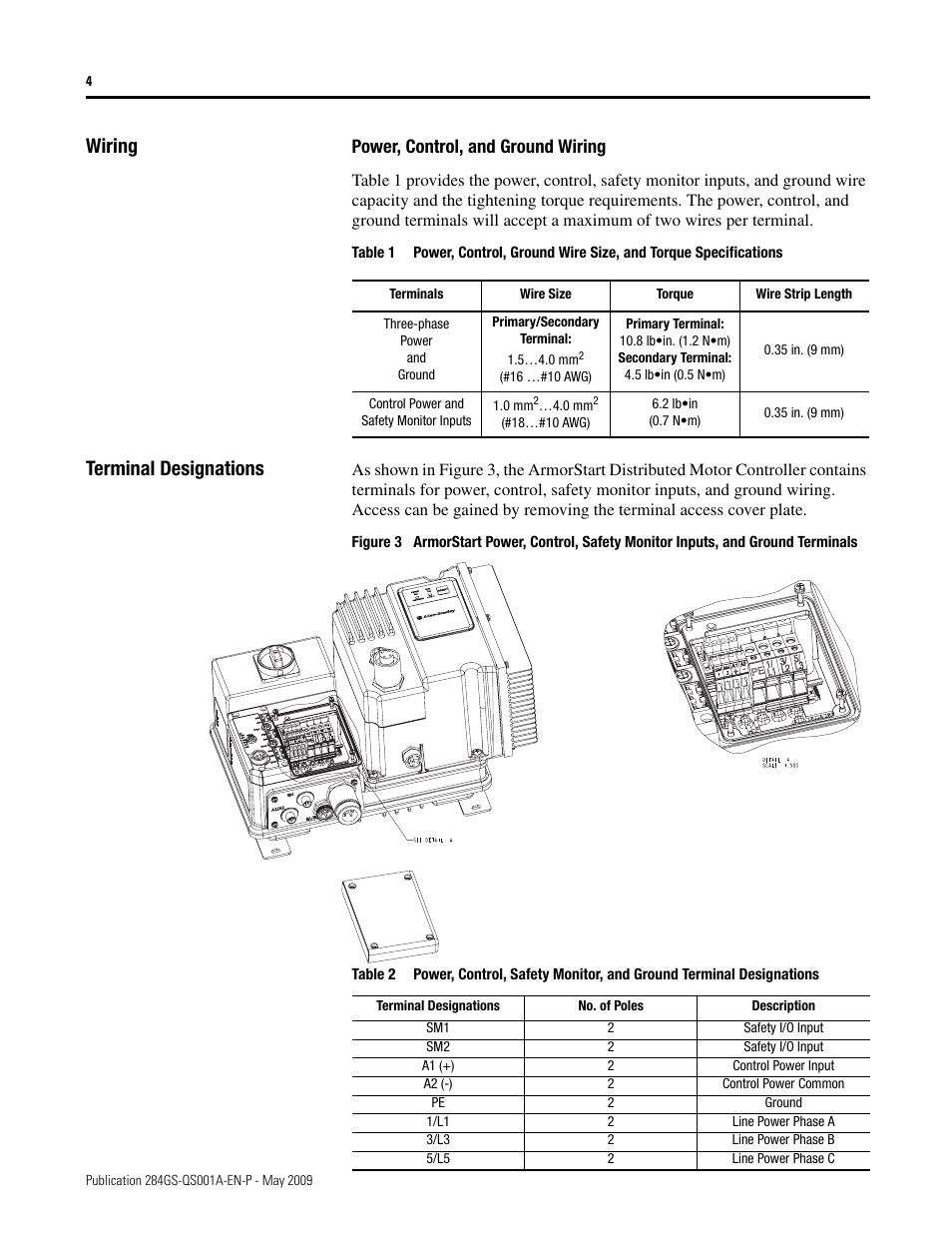 Wiring, Terminal designations, Power, control, and ground wiring | Rockwell Automation 284G ArmorStart - Safety Version - Getting Started User Manual | Page 4 / 28