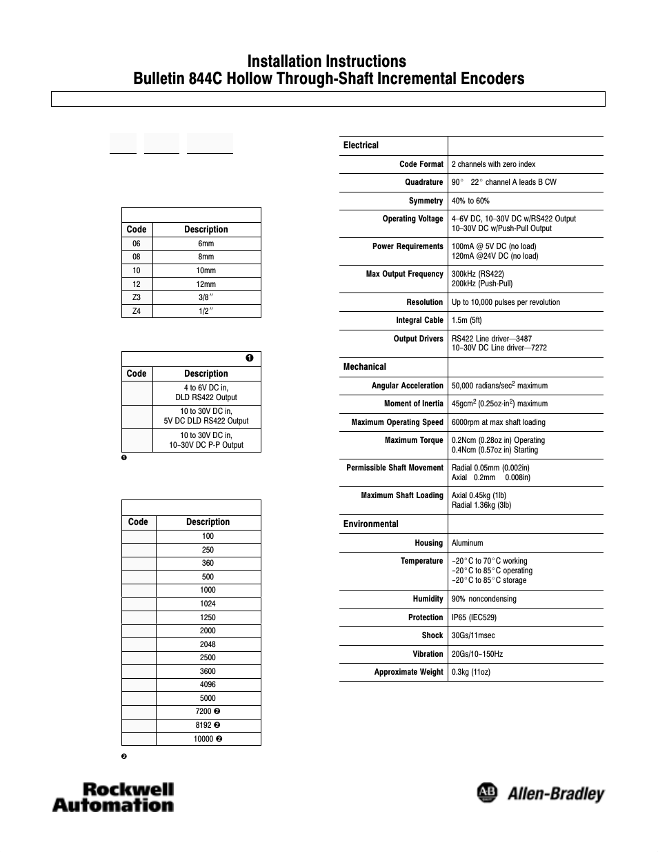 Rockwell Automation 844C Incremental Encoder User Manual | 2 pages