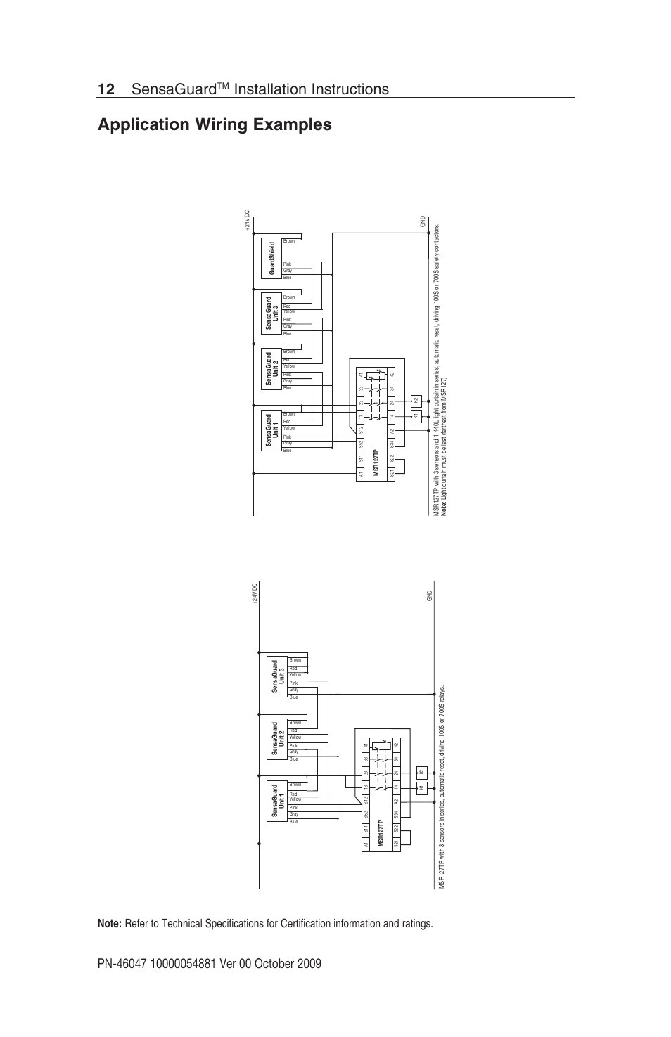 Application wiring examples, 12 sensaguard, Installation instructions | Rockwell Automation 440N SensaGuard Rectangular Flat Pack Unique Coded Installation Instructions User Manual | Page 12 / 15