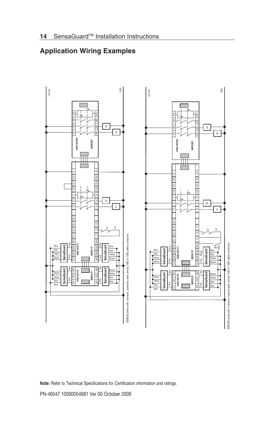 Application wiring examples, 14 sensaguard, Installation instructions | Rockwell Automation 440N SensaGuard Rectangular Flat Pack Unique Coded Installation Instructions User Manual | Page 14 / 15