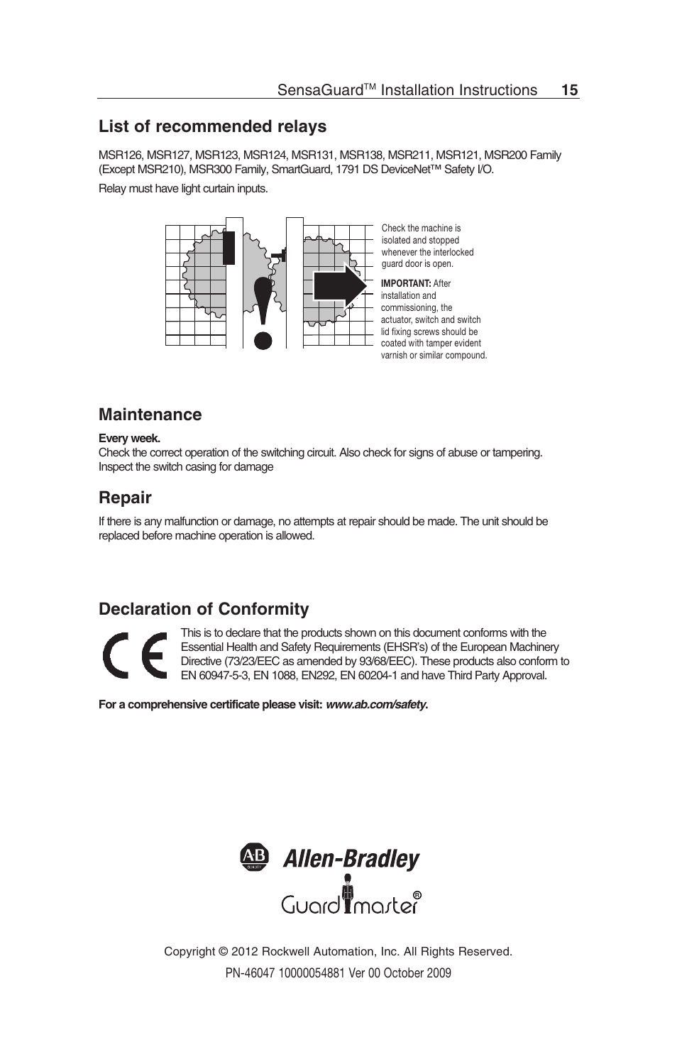 List of recommended relays, Maintenance, Repair | Declaration of conformity, Sensaguard, Installation instructions 15 | Rockwell Automation 440N SensaGuard Rectangular Flat Pack Unique Coded Installation Instructions User Manual | Page 15 / 15
