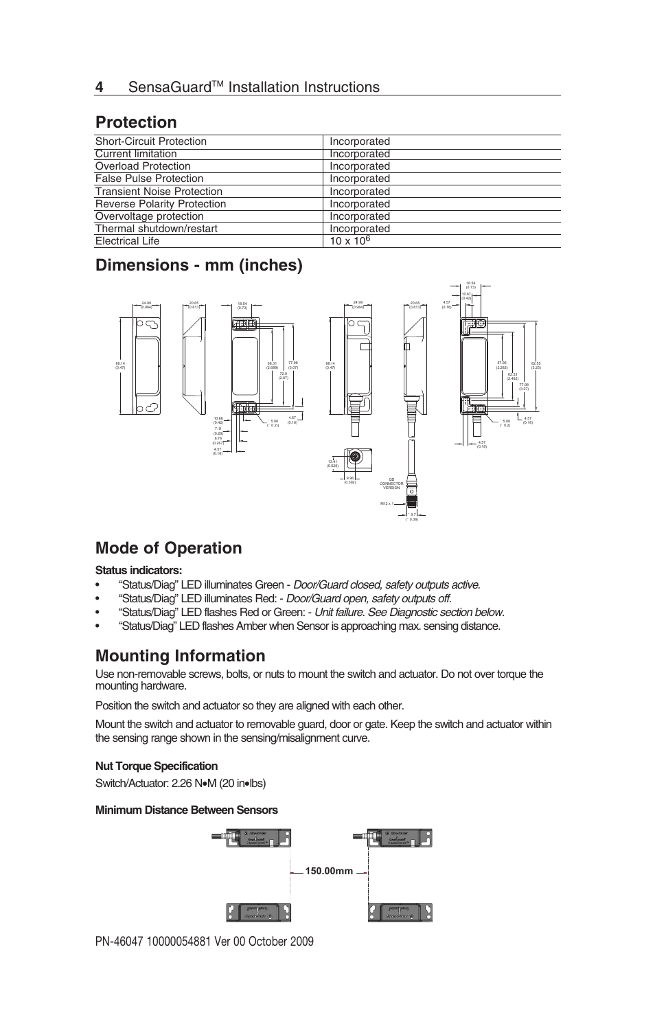 Protection, Dimensions - mm (inches) mode of operation, Mounting information | 4sensaguard, Installation instructions, Door/guard closed, safety outputs active, Door/guard open, safety outputs off, Status/diag” led illuminates red, Status/diag” led flashes red or green, 00mm | Rockwell Automation 440N SensaGuard Rectangular Flat Pack Unique Coded Installation Instructions User Manual | Page 4 / 15