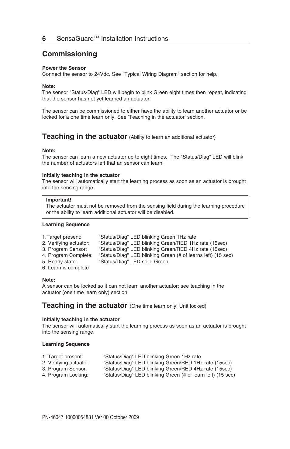 Commissioning, Teaching in the actuator, 6sensaguard | Installation instructions | Rockwell Automation 440N SensaGuard Rectangular Flat Pack Unique Coded Installation Instructions User Manual | Page 6 / 15