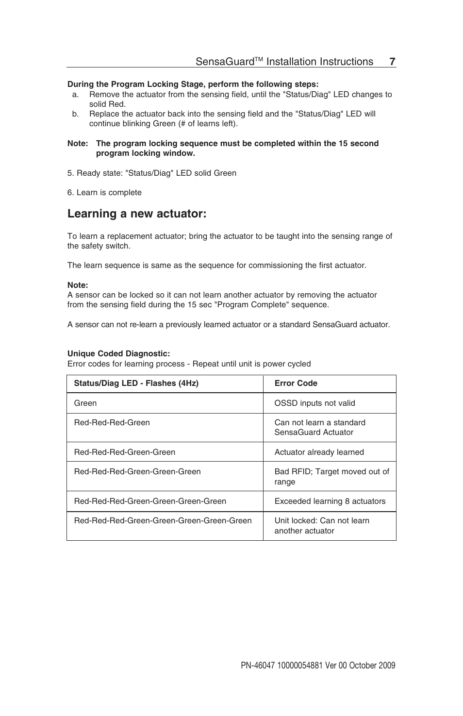 Learning a new actuator, Sensaguard, Installation instructions 7 | Rockwell Automation 440N SensaGuard Rectangular Flat Pack Unique Coded Installation Instructions User Manual | Page 7 / 15