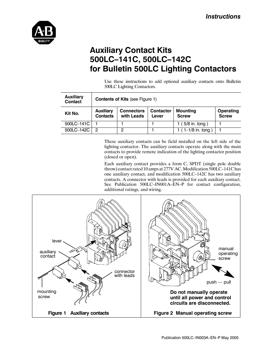 Rockwell Automation 500LC Auxiliary Contact Modification User Manual | 2 pages