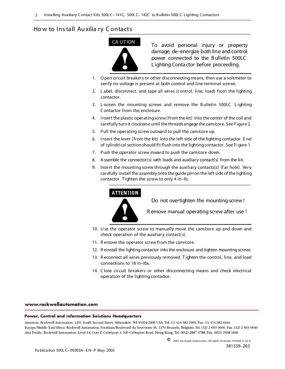 Ho w to ins tall au xilia ry c ontacts | Rockwell Automation 500LC Auxiliary Contact Modification User Manual | Page 2 / 2