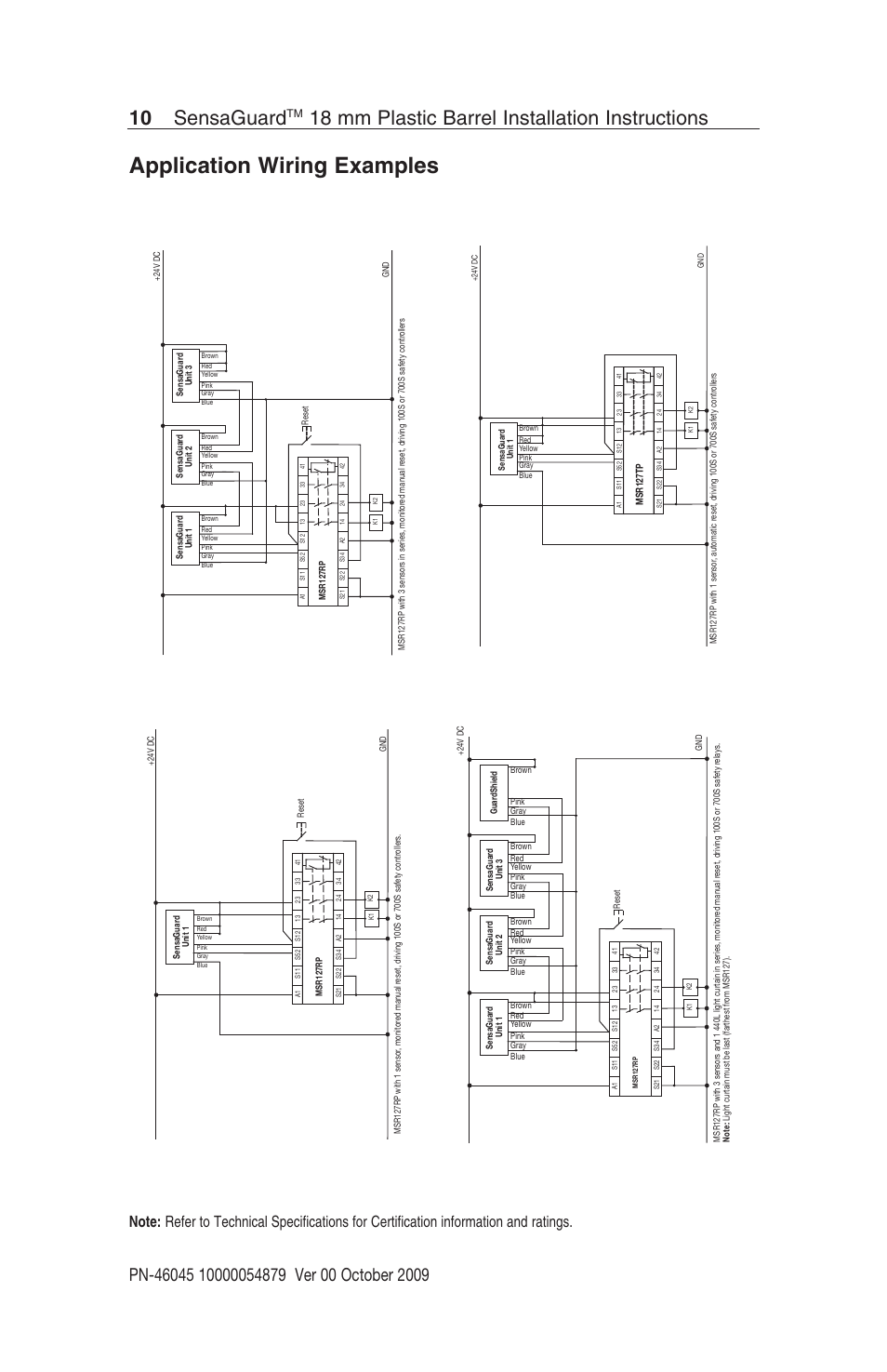 Application wiring examples, 10 sensaguard, 18 mm plastic barrel installation instructions | Rockwell Automation 440N SensaGuard 18 mm Plastic Barrel Unique Coded Installation Instructions User Manual | Page 10 / 14