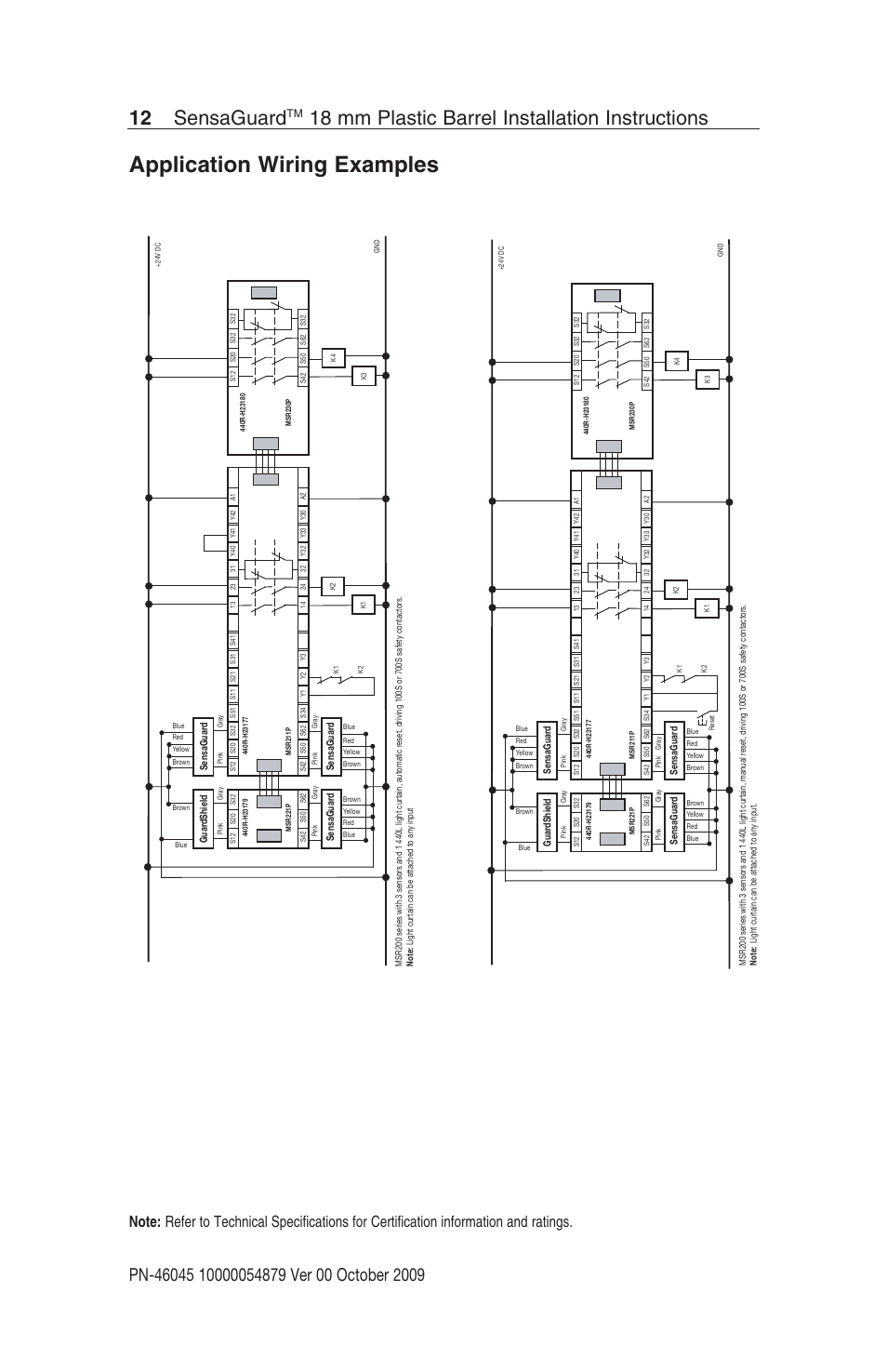 Application wiring examples, 12 sensaguard, 18 mm plastic barrel installation instructions | Rockwell Automation 440N SensaGuard 18 mm Plastic Barrel Unique Coded Installation Instructions User Manual | Page 12 / 14