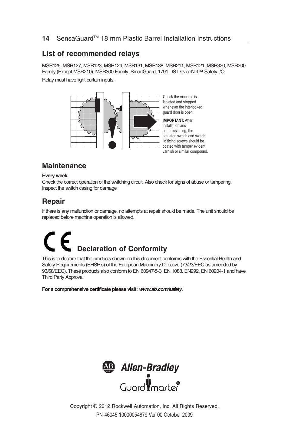 List of recommended relays, Maintenance, Repair | Declaration of conformity | Rockwell Automation 440N SensaGuard 18 mm Plastic Barrel Unique Coded Installation Instructions User Manual | Page 14 / 14