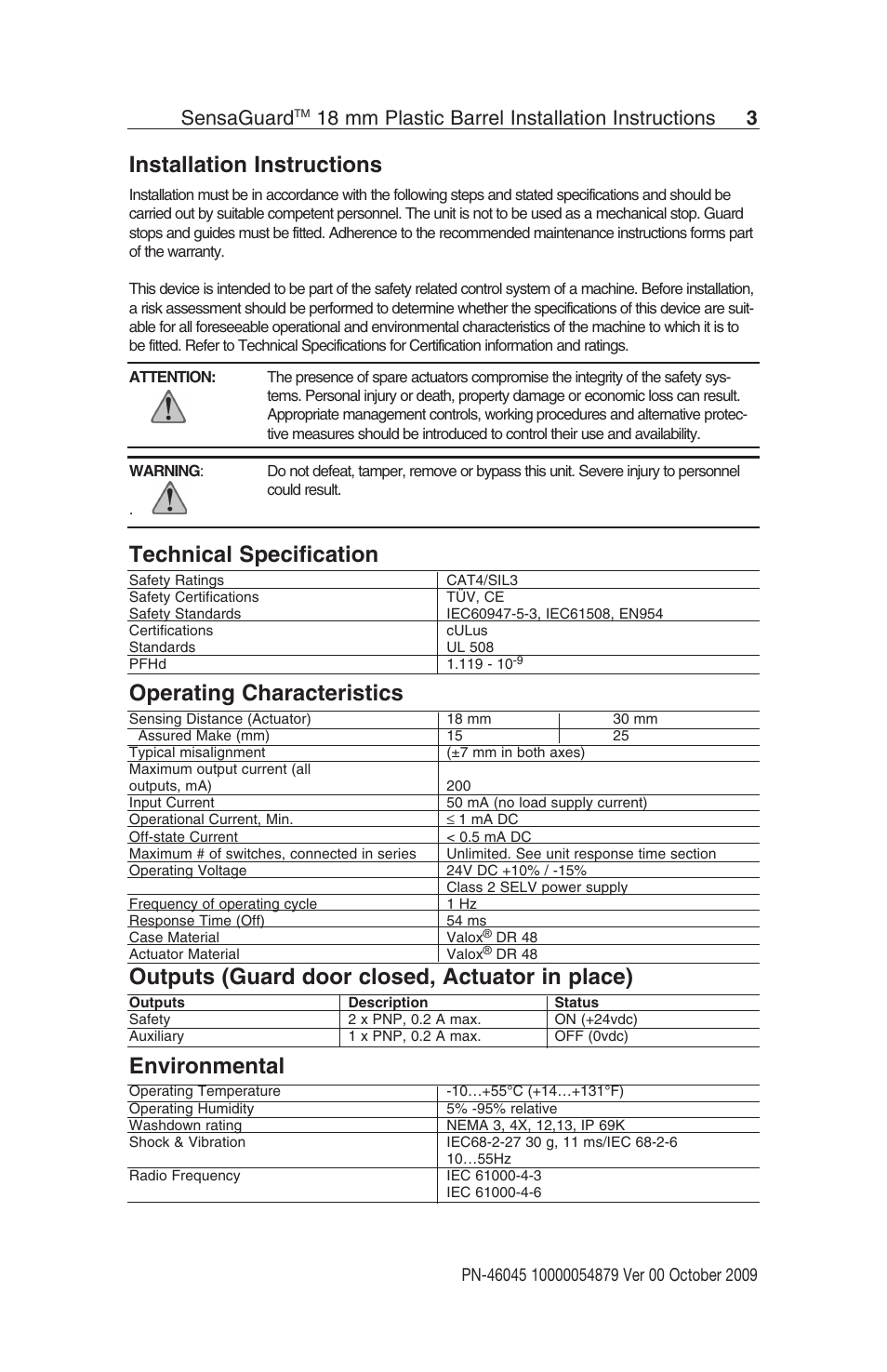 Installation instructions, Technical specification, Operating characteristics | Outputs (guard door closed, actuator in place), Environmental, Sensaguard, 18 mm plastic barrel installation instructions 3 | Rockwell Automation 440N SensaGuard 18 mm Plastic Barrel Unique Coded Installation Instructions User Manual | Page 3 / 14