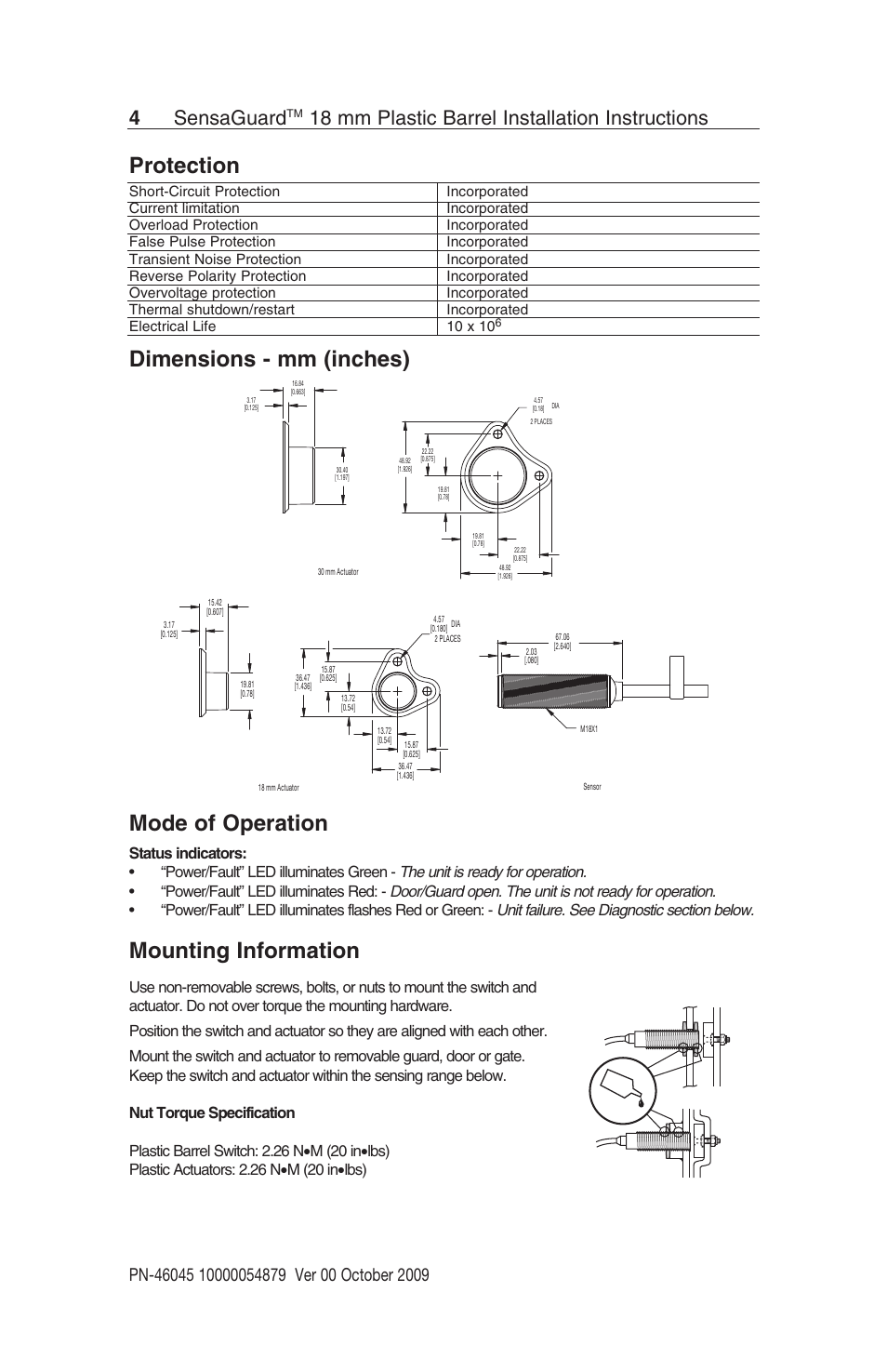 Protection, Dimensions - mm (inches) mode of operation, Mounting information | 4sensaguard, 18 mm plastic barrel installation instructions, The unit is ready for operation | Rockwell Automation 440N SensaGuard 18 mm Plastic Barrel Unique Coded Installation Instructions User Manual | Page 4 / 14