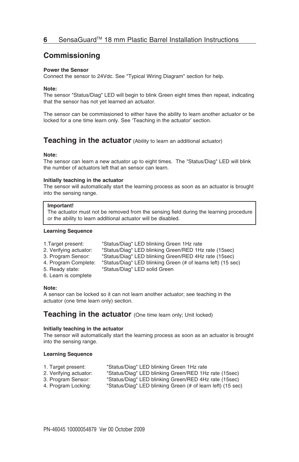 Commissioning, Teaching in the actuator, 6sensaguard | 18 mm plastic barrel installation instructions | Rockwell Automation 440N SensaGuard 18 mm Plastic Barrel Unique Coded Installation Instructions User Manual | Page 6 / 14