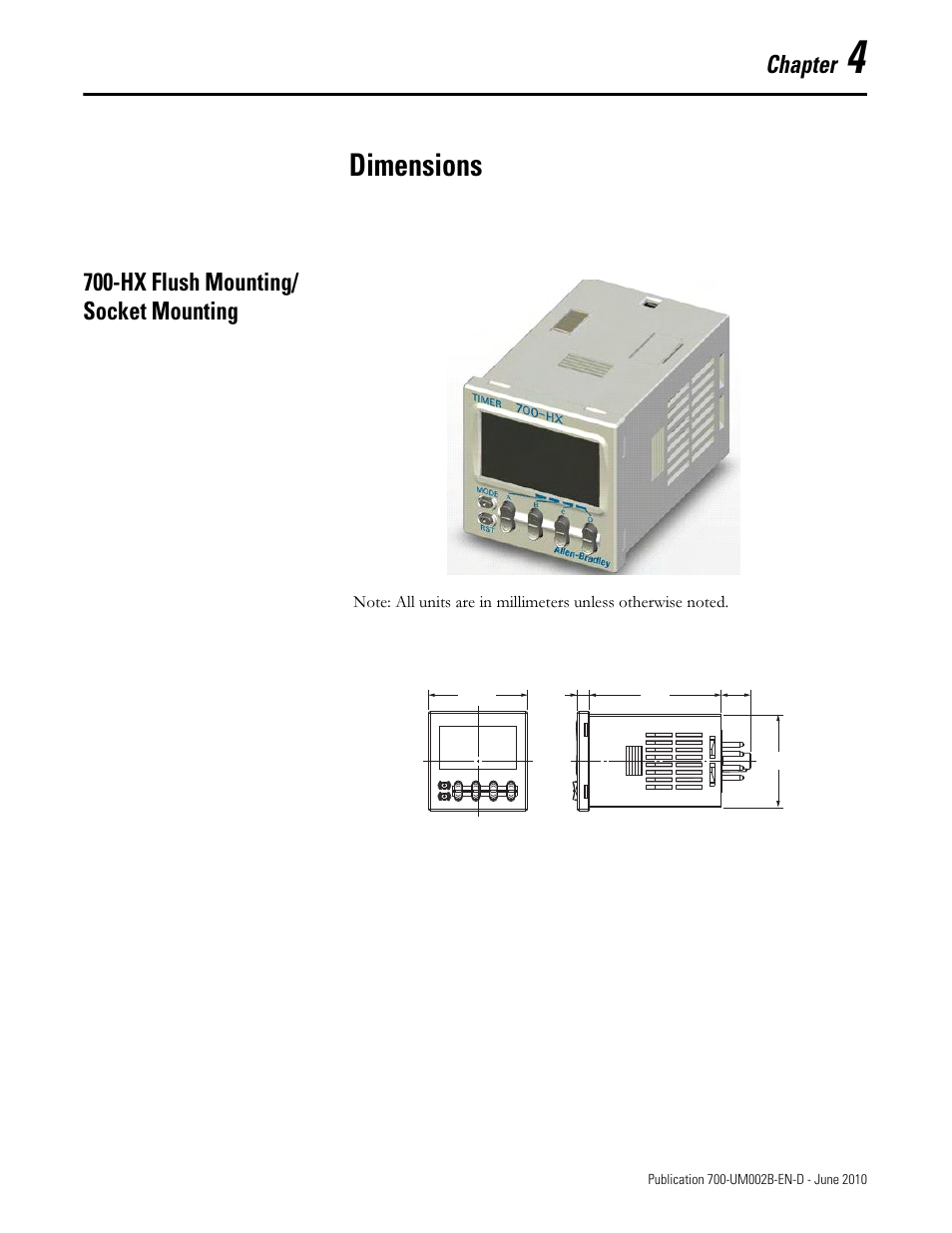 Dimensions, Chapter, Hx flush mounting/ socket mounting | Rockwell Automation 700-HX Multifunction Digital Timer User Manual | Page 30 / 47