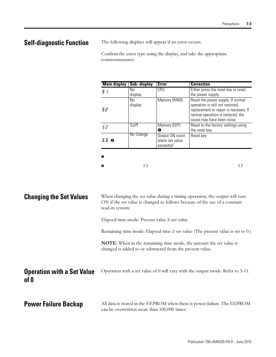 Self-diagnostic function, Changing the set values, Operation with a set value of 0 | Power failure backup | Rockwell Automation 700-HX Multifunction Digital Timer User Manual | Page 38 / 47
