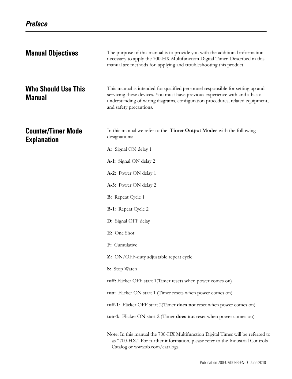 Preface manual objectives, Who should use this manual, Counter/timer mode explanation | Rockwell Automation 700-HX Multifunction Digital Timer User Manual | Page 4 / 47