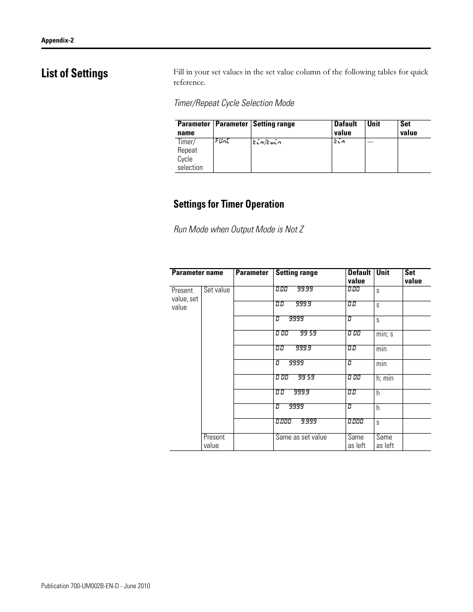 List of settings, Settings for timer operation, Timer/repeat cycle selection mode | Run mode when output mode is not z | Rockwell Automation 700-HX Multifunction Digital Timer User Manual | Page 43 / 47