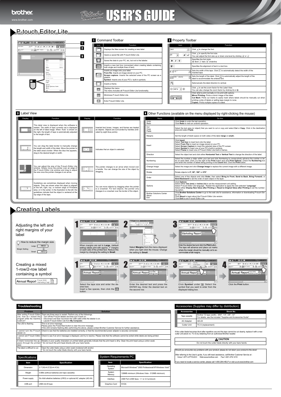 User’s guide, Creating labels, P-touch editor lite | Command toolbar property toolbar | Brother PT-1230PC User Manual | Page 2 / 2