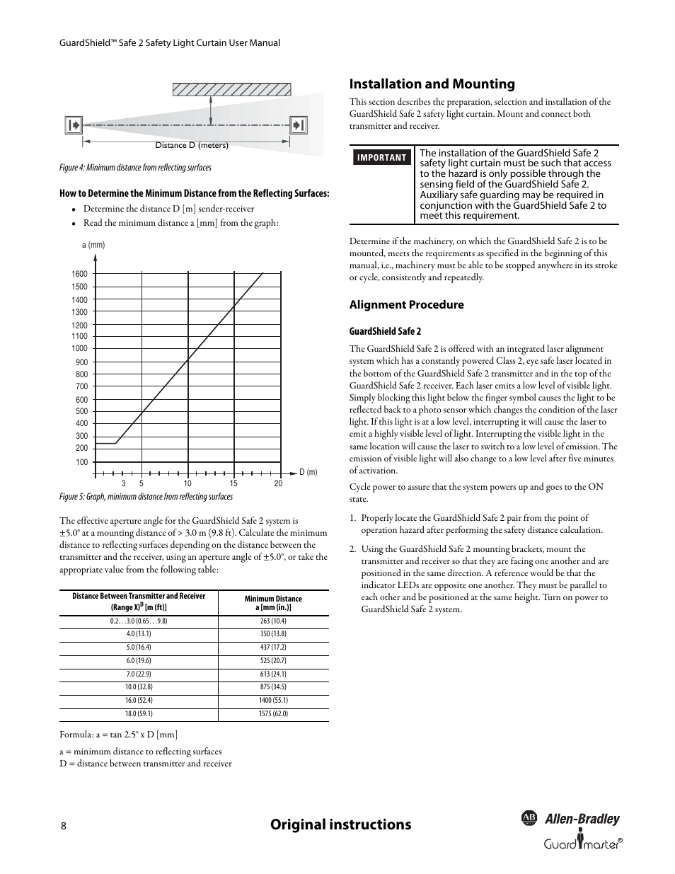 Original instructions, Installation and mounting, Alignment procedure | Rockwell Automation 445L GuardShield Safe 2 and Safe 2 PAC Safety Light Curtains User Manual User Manual | Page 10 / 32