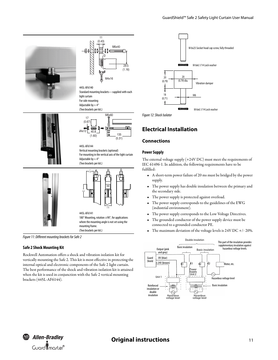 Original instructions, Electrical installation, Connections | Safe 2 shock mounting kit, Power supply, Figure 11: different mounting brackets for safe 2 | Rockwell Automation 445L GuardShield Safe 2 and Safe 2 PAC Safety Light Curtains User Manual User Manual | Page 13 / 32