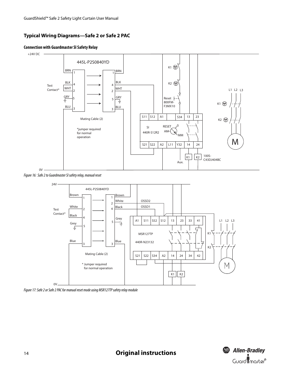 Original instructions, Typical wiring diagrams—safe 2 or safe 2 pac, Connection with guardmaster si safety relay | Rockwell Automation 445L GuardShield Safe 2 and Safe 2 PAC Safety Light Curtains User Manual User Manual | Page 16 / 32