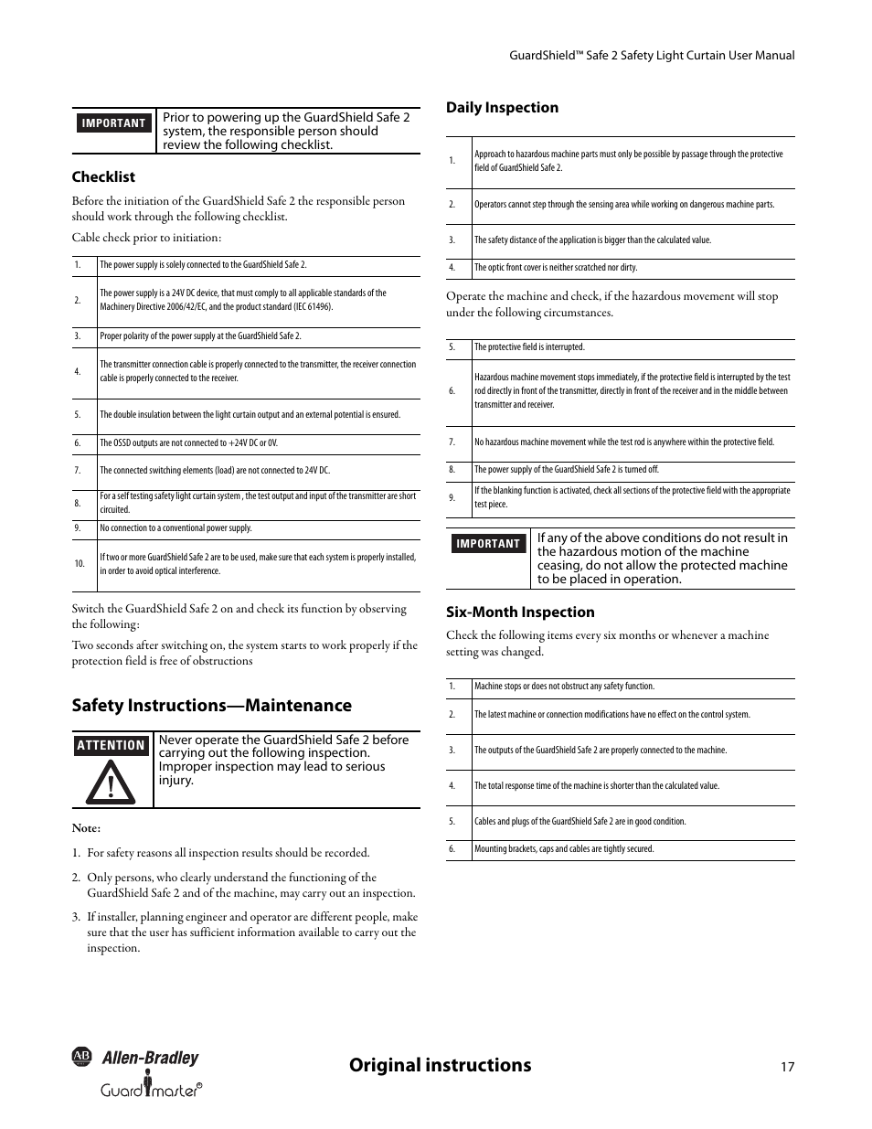 Original instructions, Safety instructions—maintenance, Checklist | Daily inspection, Six-month inspection | Rockwell Automation 445L GuardShield Safe 2 and Safe 2 PAC Safety Light Curtains User Manual User Manual | Page 19 / 32