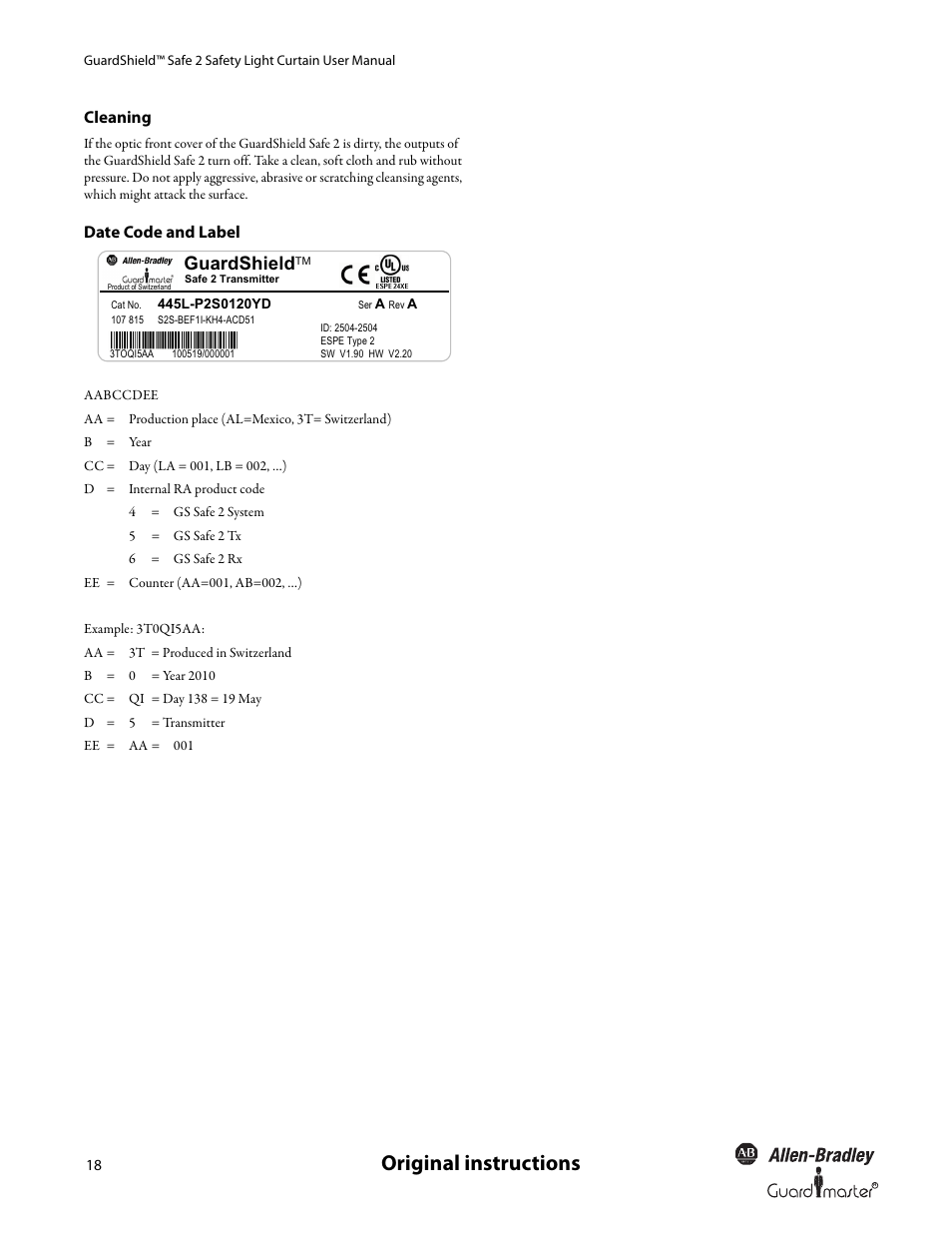 Original instructions, Guardshield, Cleaning | Date code and label | Rockwell Automation 445L GuardShield Safe 2 and Safe 2 PAC Safety Light Curtains User Manual User Manual | Page 20 / 32