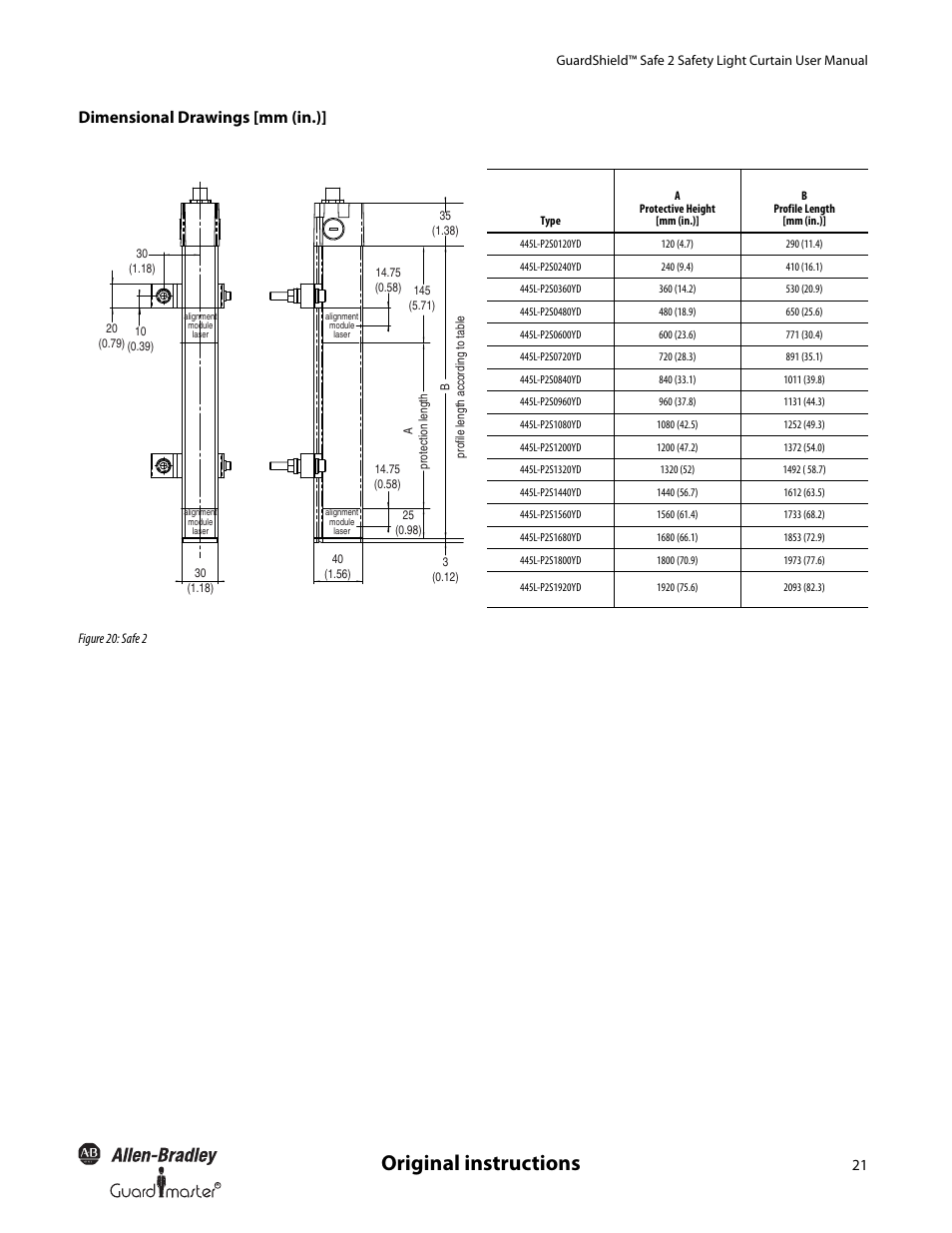 Original instructions, Dimensional drawings [mm (in.) | Rockwell Automation 445L GuardShield Safe 2 and Safe 2 PAC Safety Light Curtains User Manual User Manual | Page 23 / 32