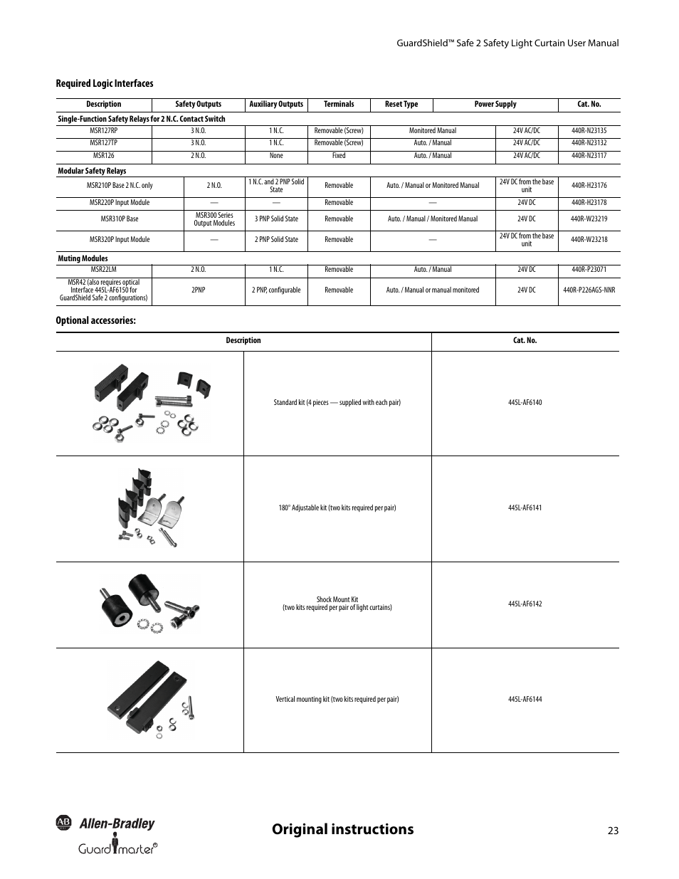 Original instructions, Required logic interfaces optional accessories | Rockwell Automation 445L GuardShield Safe 2 and Safe 2 PAC Safety Light Curtains User Manual User Manual | Page 25 / 32