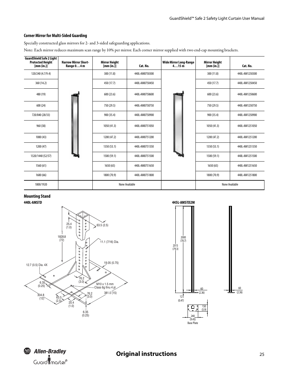 Original instructions, Corner mirror for multi-sided guarding, Mounting stand | Rockwell Automation 445L GuardShield Safe 2 and Safe 2 PAC Safety Light Curtains User Manual User Manual | Page 27 / 32