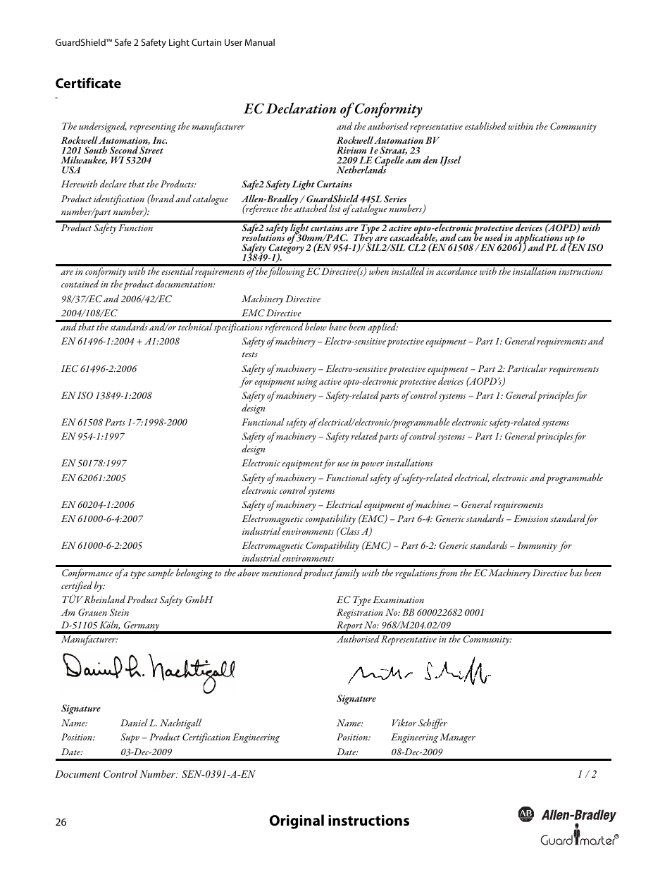 Original instructions, Ec declaration of conformity, Certificate | Rockwell Automation 445L GuardShield Safe 2 and Safe 2 PAC Safety Light Curtains User Manual User Manual | Page 28 / 32
