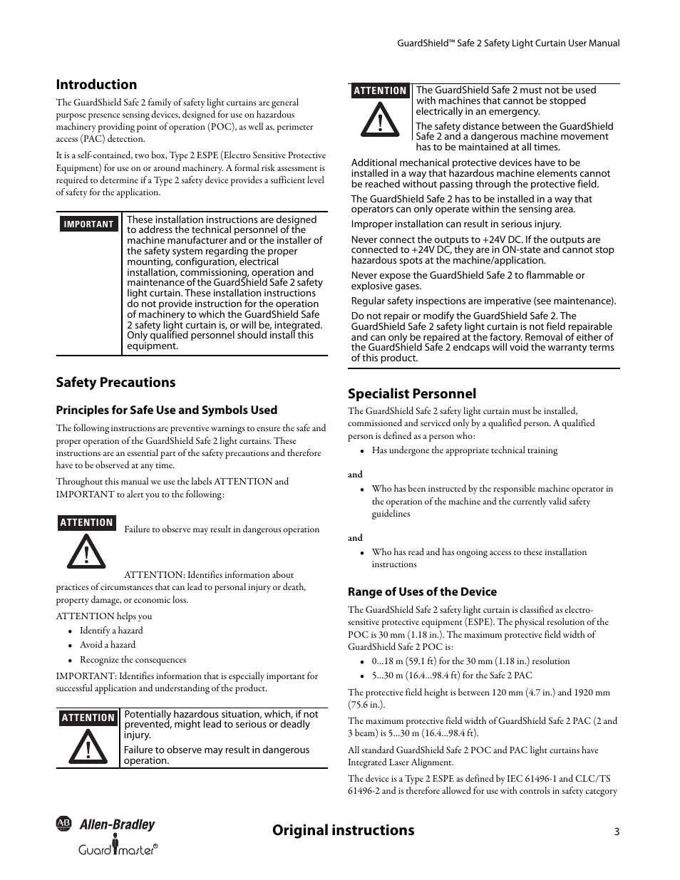 Original instructions, Introduction, Safety precautions | Specialist personnel | Rockwell Automation 445L GuardShield Safe 2 and Safe 2 PAC Safety Light Curtains User Manual User Manual | Page 5 / 32